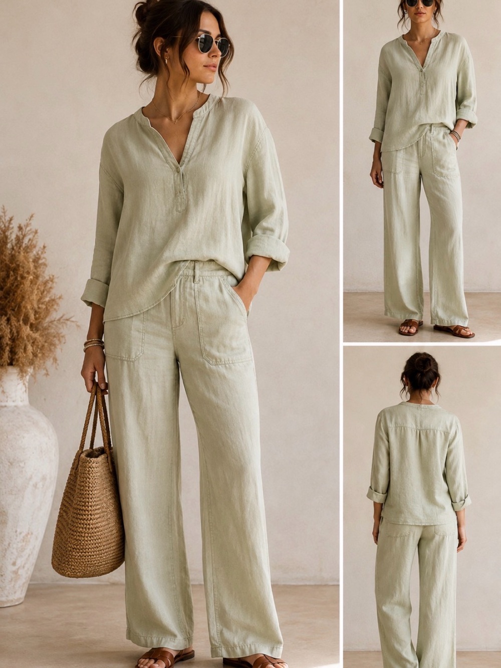 Zara Light Sage Wide-Leg Linen Pants & Top Set